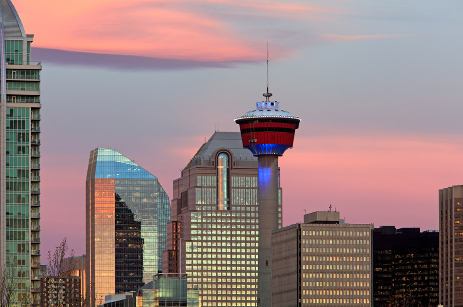 Calgary Tower Blue With Pink Sunrise